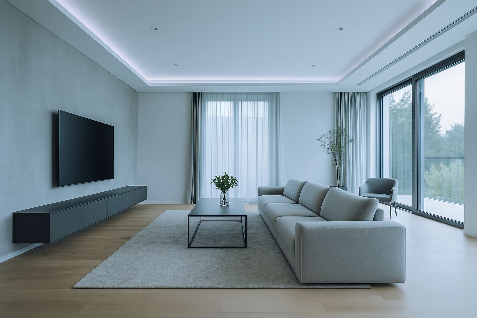 Minimalist grand living room with cool lighting and simple furniture