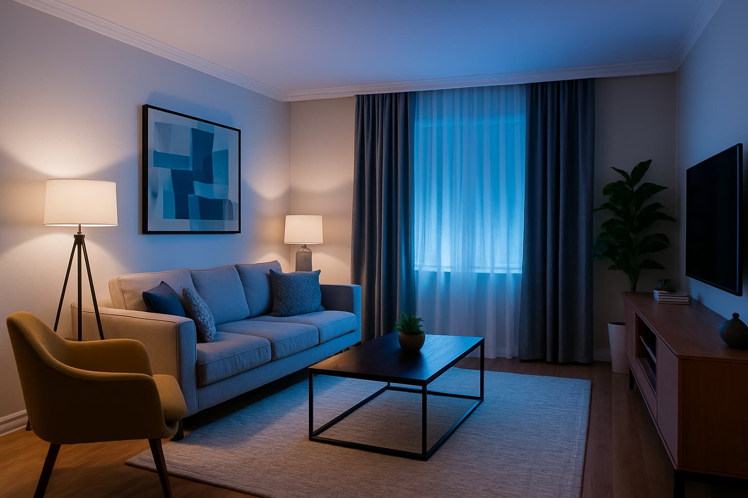 Modern living room with cool lighting and clean decor