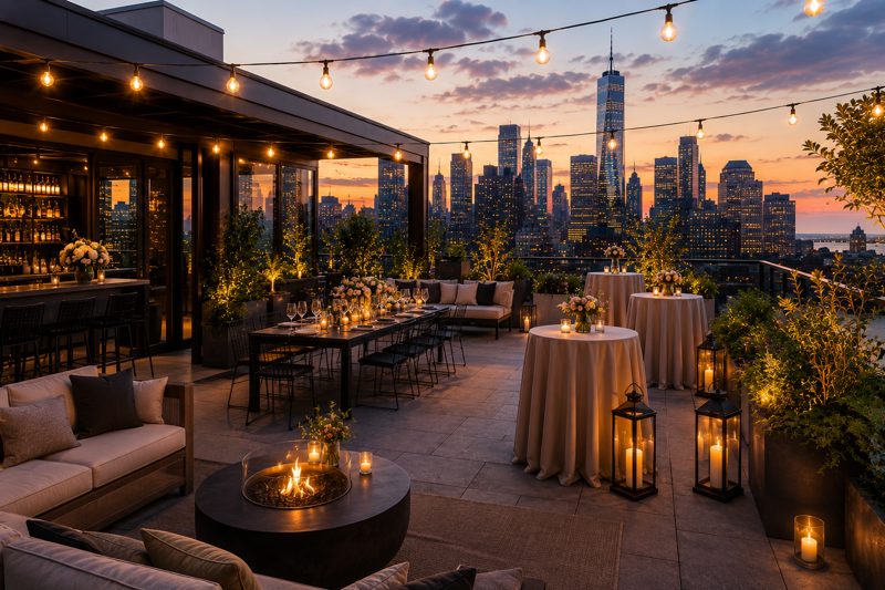 New York penthouse and rooftop venue prepared for an evening reception with indoor backup, warm lighting, skyline views, and covered guest areas