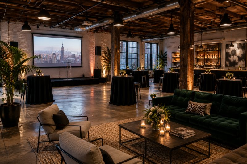 Bright New York private event venue arranged for a birthday dinner with restaurant seating, flowers, lounge furniture, and city views