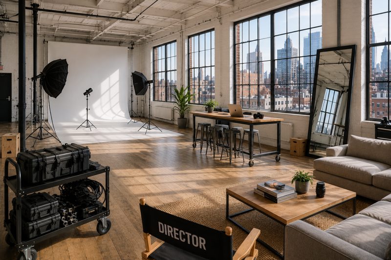 New York production studio and loft with large windows, lighting equipment, exposed brick, and crew staging space