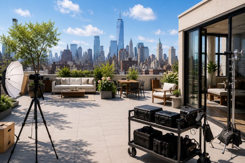 New York City rooftop and residential filming locations with skyline views, camera equipment, and production staging