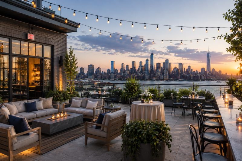 Light-filled New York rooftop event space with skyline views, lounge seating, dining tables, greenery, and an indoor weather backup area