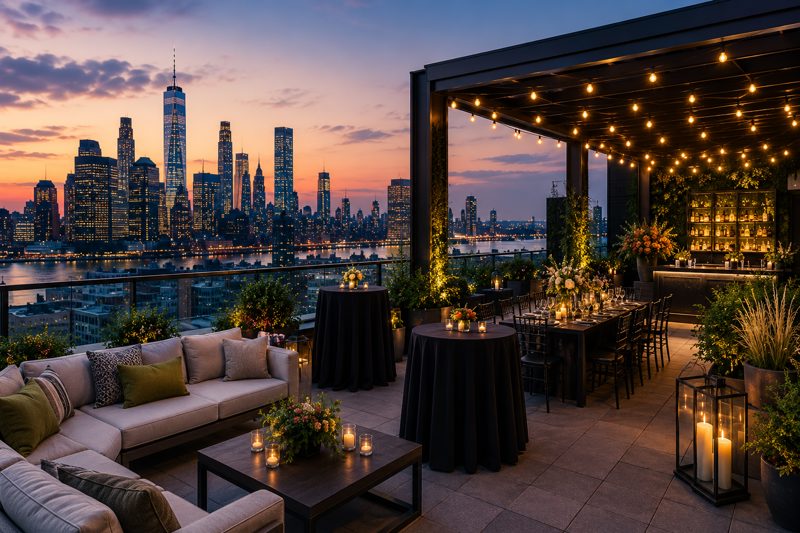 Bright New York City rooftop terrace arranged for a private event with skyline views, lounge seating, dining tables, and clear guest flow