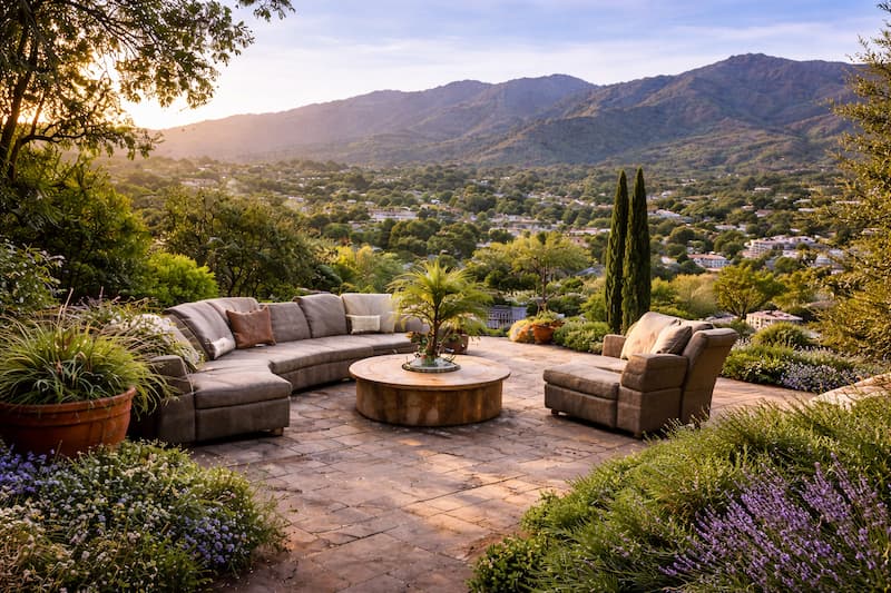 Golden hour hillside property in Ojai with mountain views and outdoor gathering space