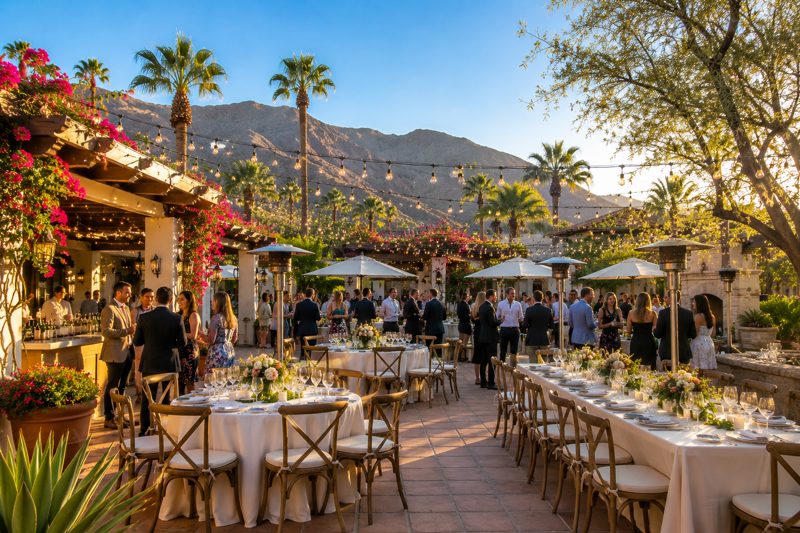 Bright Palm Desert patio event space with dinner tables, palms, and guests gathering outdoors