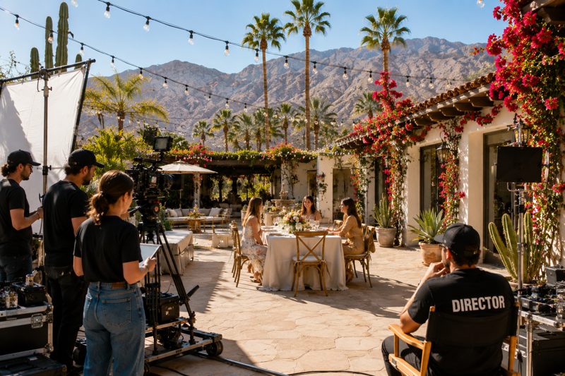 Bright Palm Desert production setup on a modern patio with crew, cameras, palms, and mountain views