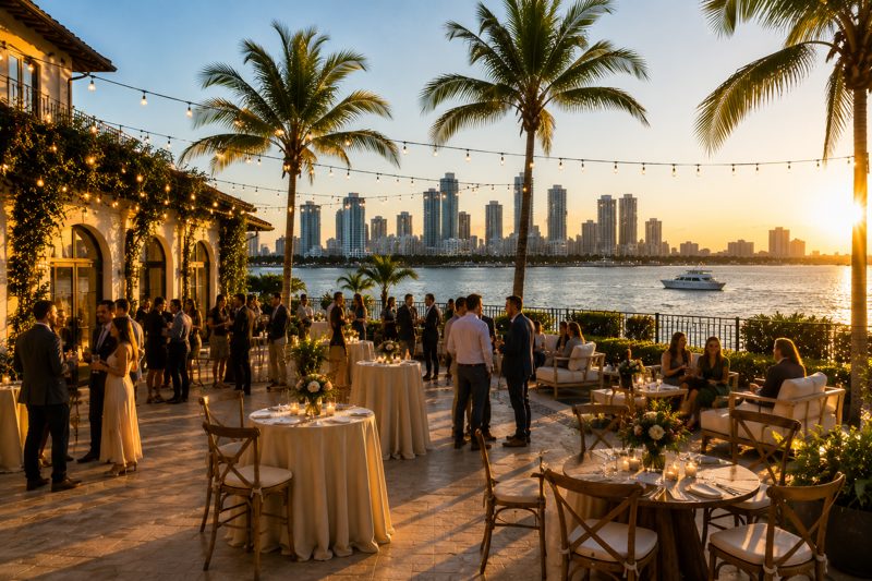 Pinecrest and Palmetto Bay garden venues with pool areas, patios, tropical landscaping, and private event settings