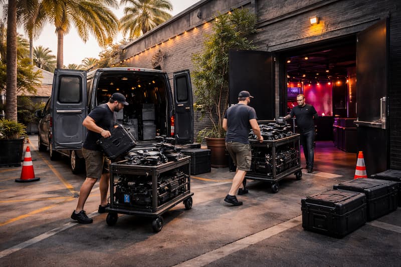Production crew unloading gear at a curb with a clear loading zone and nearby parking in an urban neighborhood