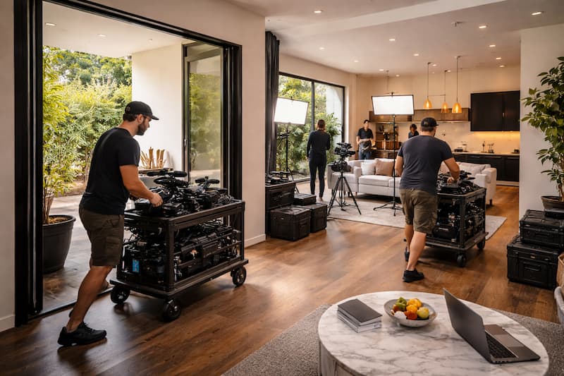 A modern interior set with natural light and open layout while crew works efficiently with staging space near the entrance