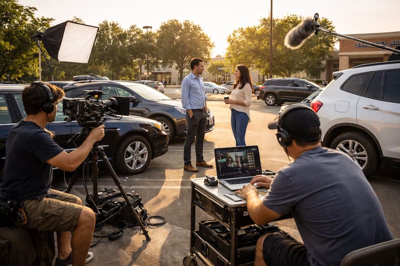 A film crew capturing a scene in a parking lot near sunset with a camera operator and crew staged between parked cars