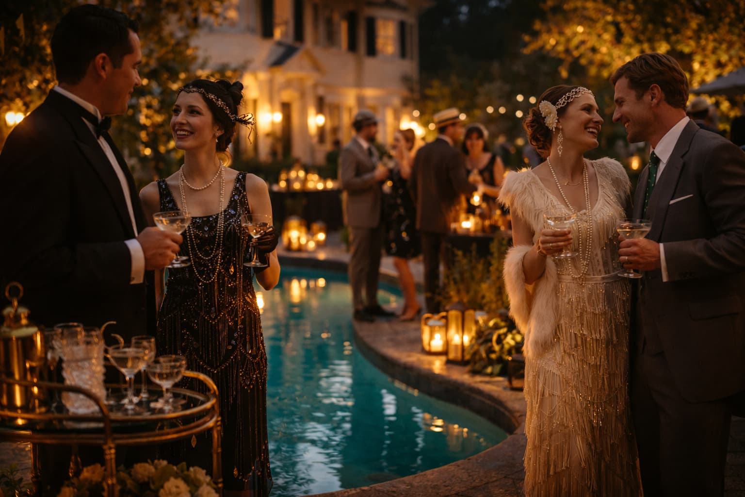 Guests gathered at an evening 1920s-style party with warm ambient lighting, vintage decor, and an elegant outdoor setting