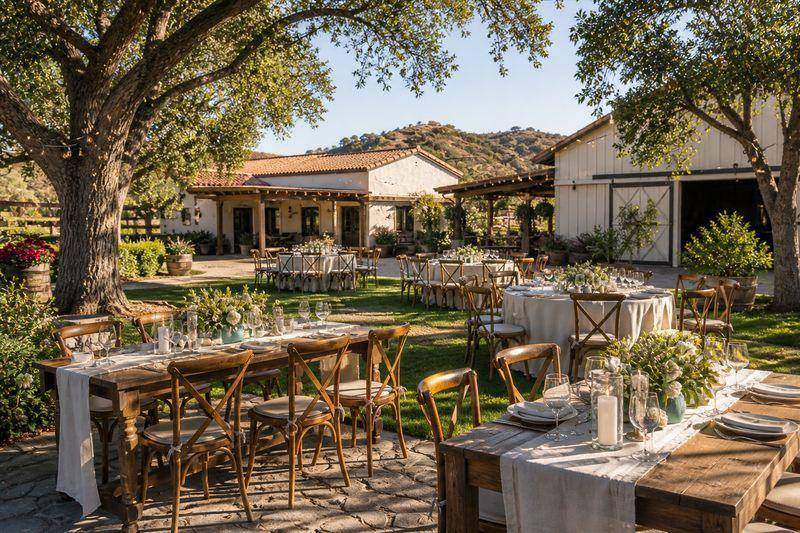 Ranch-style Ventura County event venue with open lawn, trees, and outdoor seating