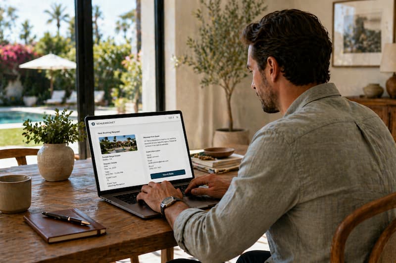Venue owner reviewing a new booking request on a laptop
