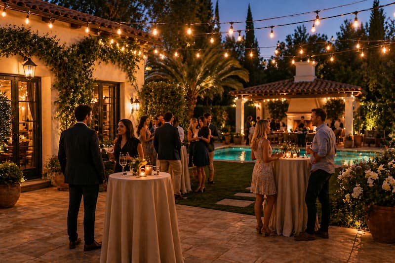 Guests mingling at a private evening event in a backyard venue