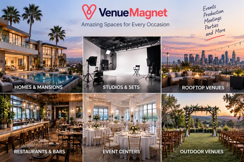 VenueMagnet venue categories including mansions, rooftops, studios, restaurants, outdoor venues and event centers