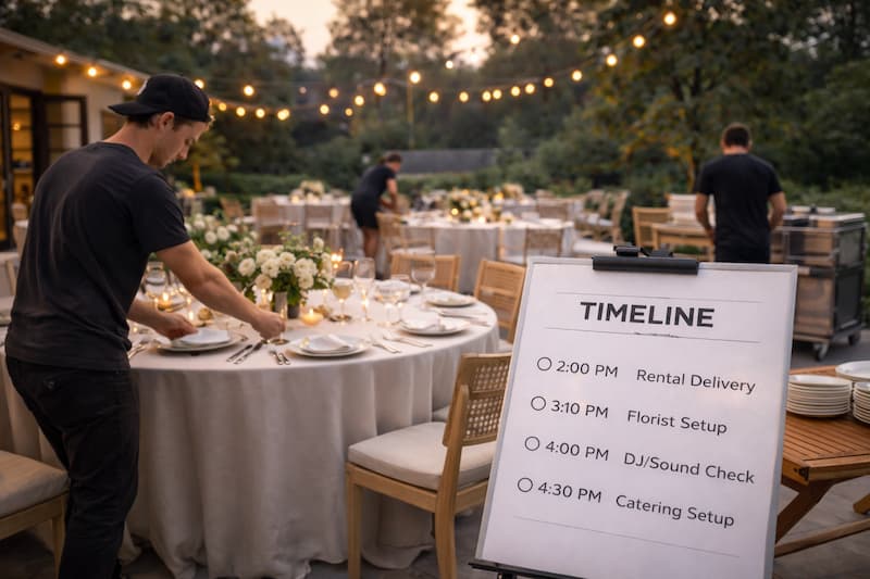 A clean event layout with lounge seating and a simple planning checklist on a clipboard