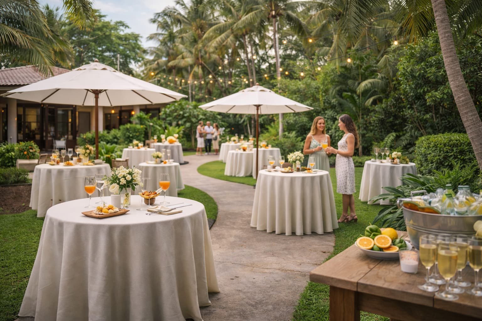 An event setup in progress with tables, simple decor, and a visible timeline plan for vendors