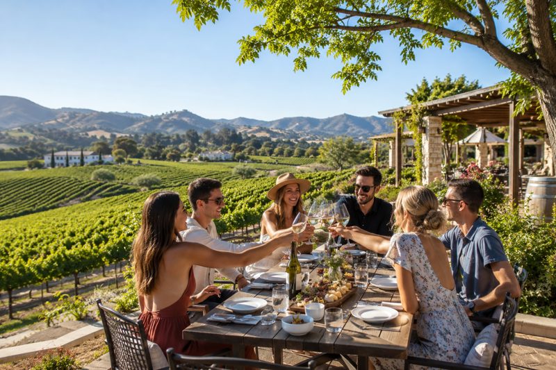 Bright outdoor vineyard dining setup for a Southern California winery event