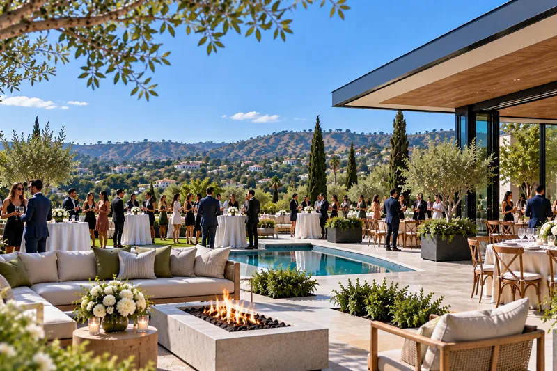 Modern Woodland Hills corporate event venue with presentation seating, networking areas and natural light