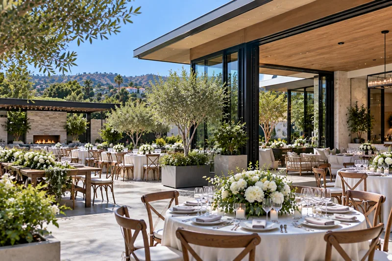 Elegant private event space in Woodland Hills with indoor-outdoor seating, landscaped grounds and guests gathering