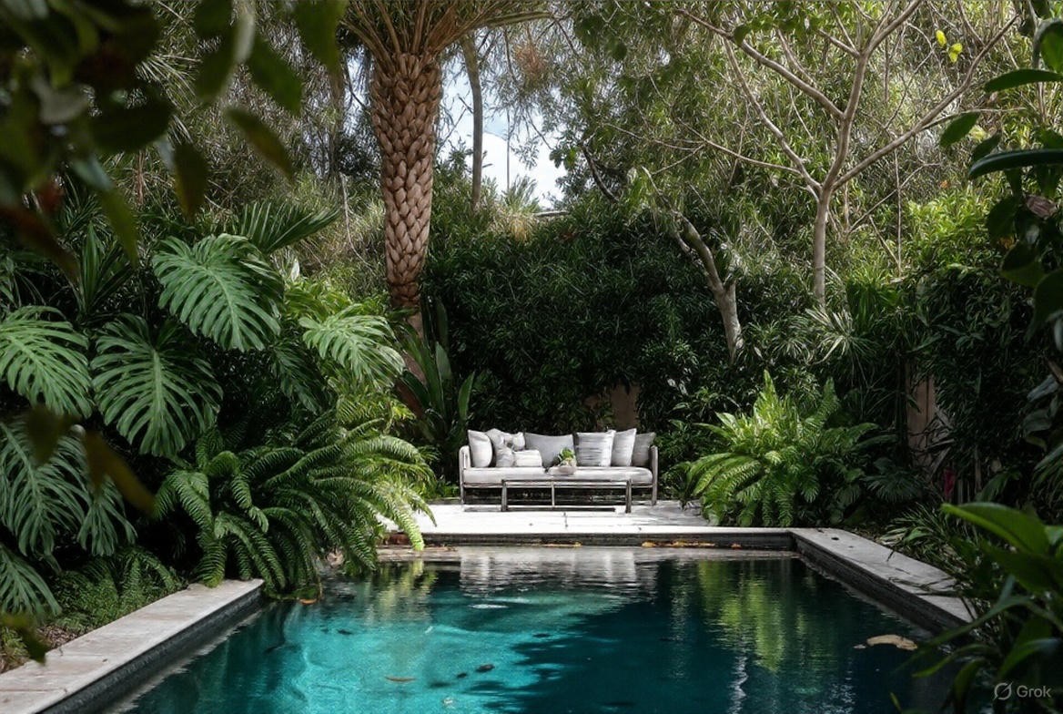 Backyard with seating and string lights hosted by owners