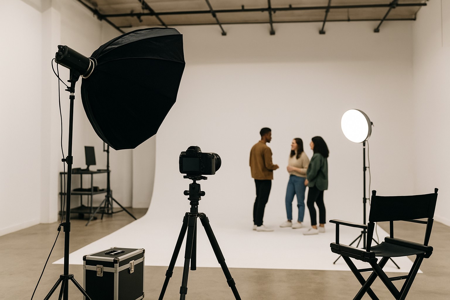 Photo studio with photographers shooting a model