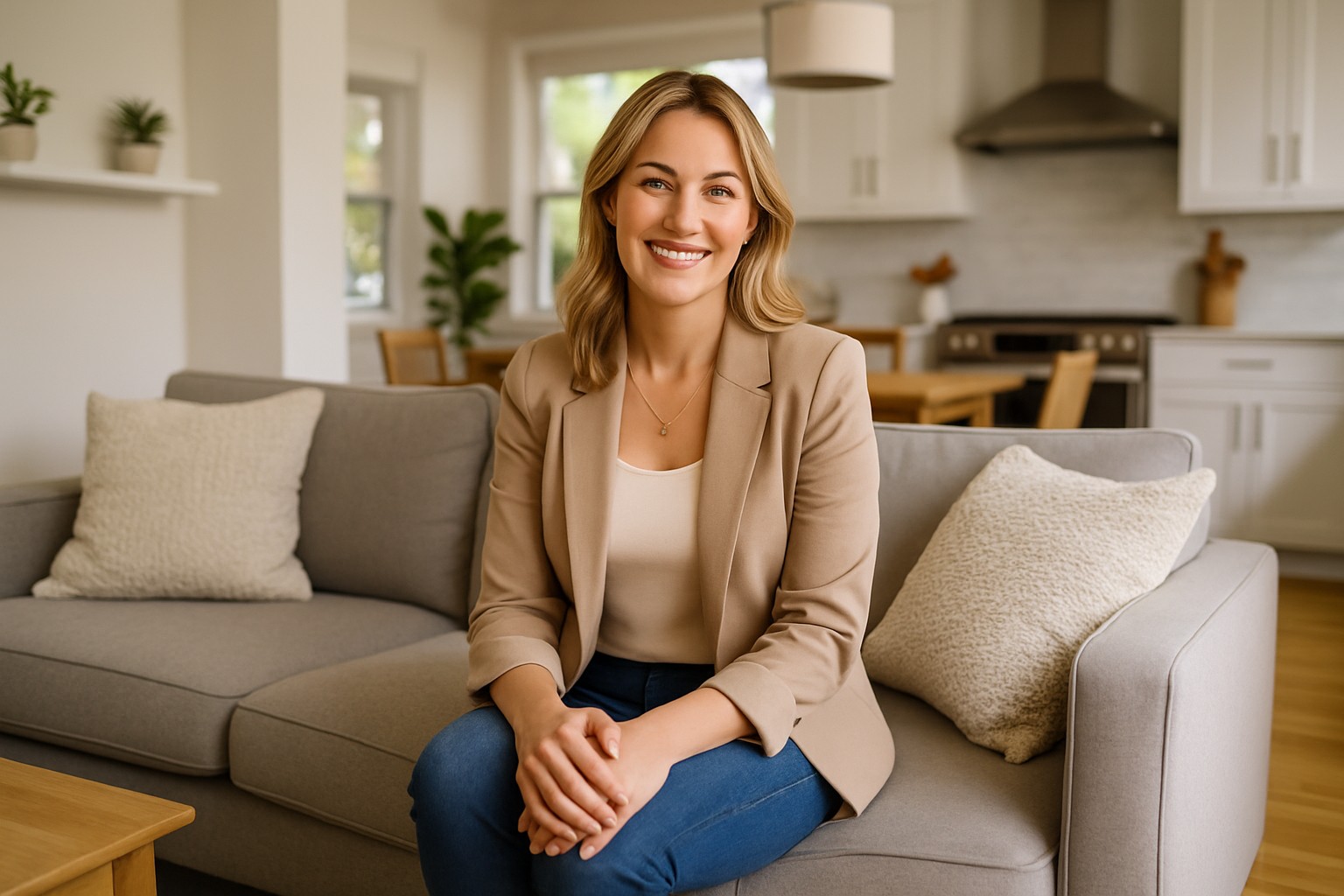 Host at home preparing their living room for a photo shoot