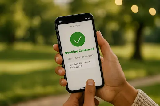 Hand holding a phone with a booking accepted checkmark