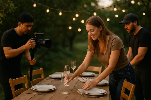 Team preparing a table under string lights
