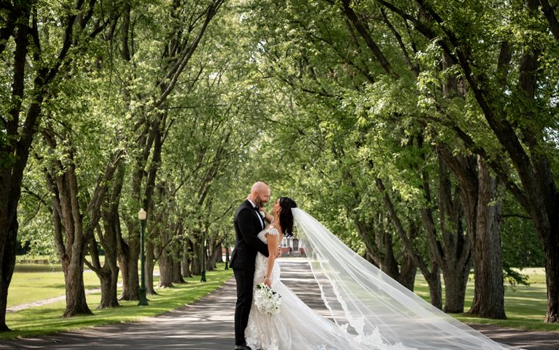 Golf Club Ballroom With Garden Ceremony and Scenic Pond Views