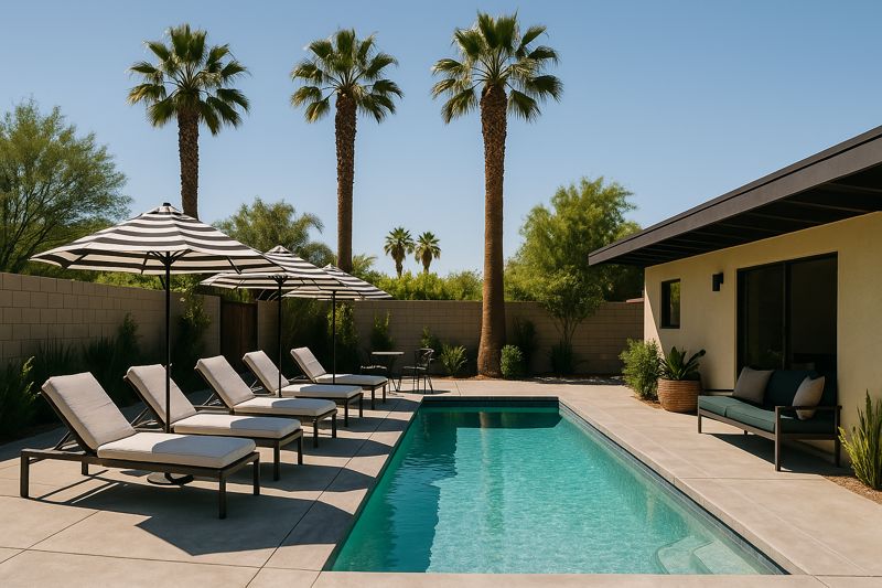 Palm-lined mid-century pool deck with turquoise water and loungers