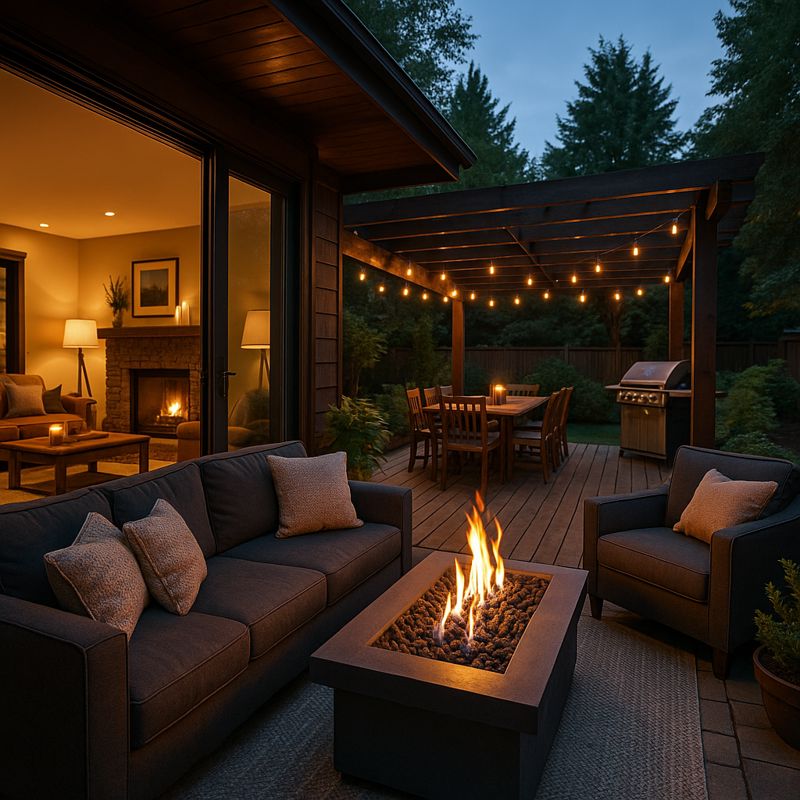 Cozy string-lit backyard with BBQ & fire pit