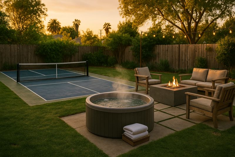 Resort-style Backyard with a Pickleball Court, Bubbling Jacuzzi, and a Cozy Fire Pit