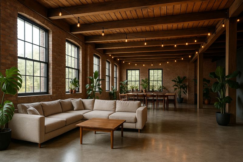 Sun-drenched home with brick, beams, and plants