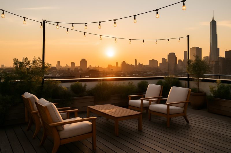 Sun-washed rooftop terrace with skyline views