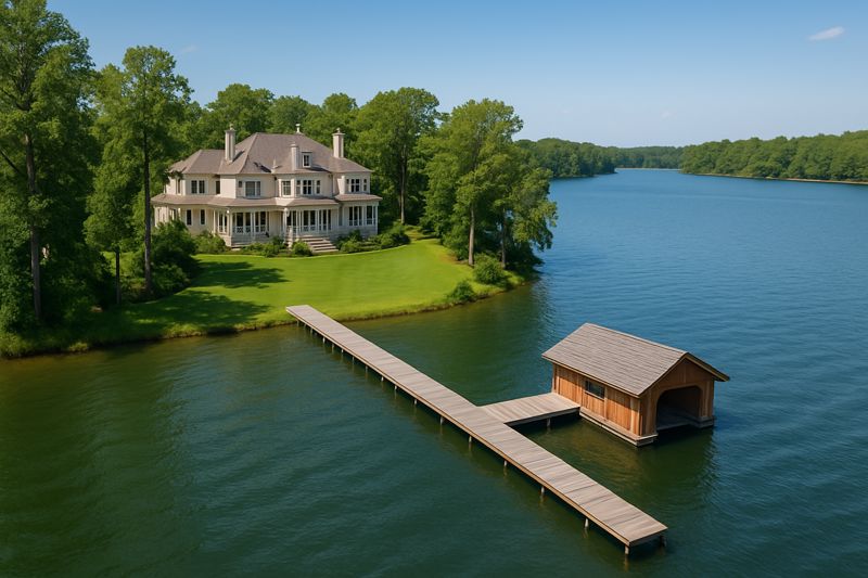 Lakeside Mansion with Boathouse and Long Dock